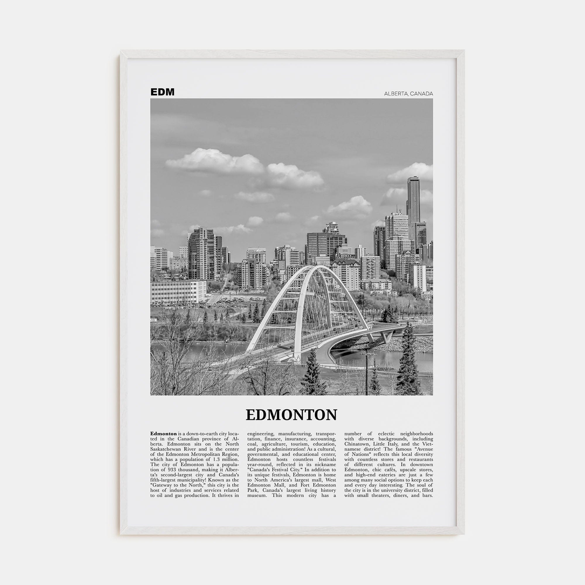 Edmonton No 1 Poster White Wood / 8x12 in Nbourhood Travel B&W Poster