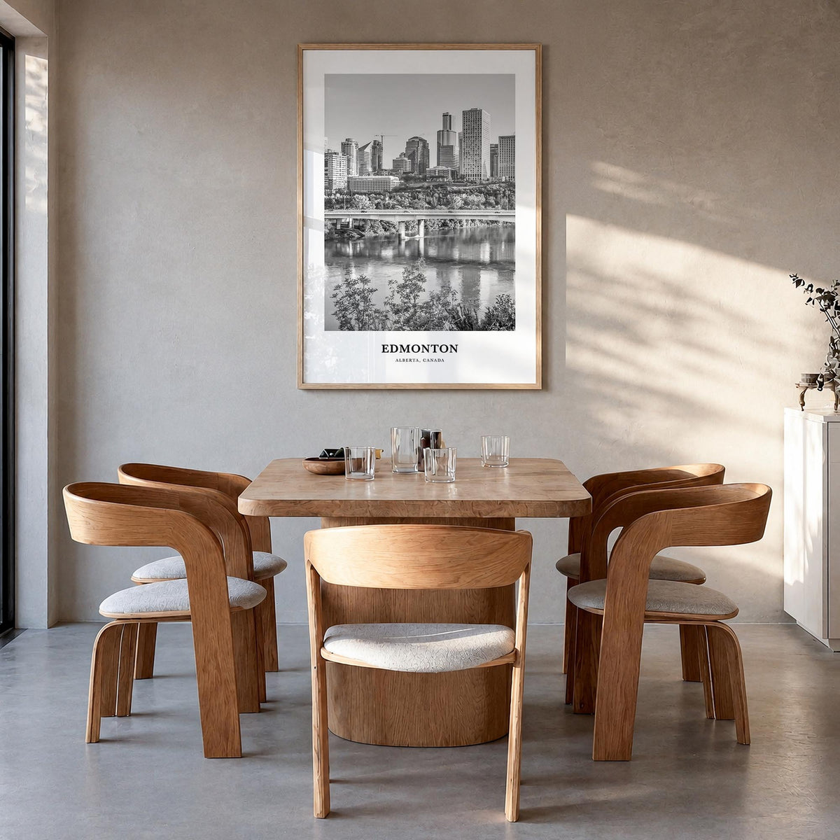 Edmonton no. 2 black & white classic poster of Alberta, Canada – vertical wall art in natural wood frame, hanging on wall