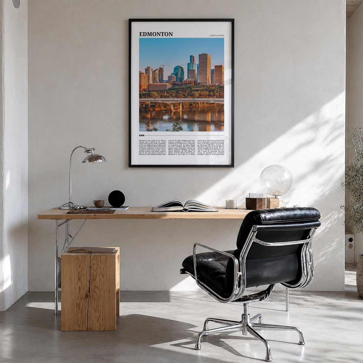 Edmonton no. 2 colorful travel poster of Alberta, Canada – vertical wall art in black wood frame, hanging on wall