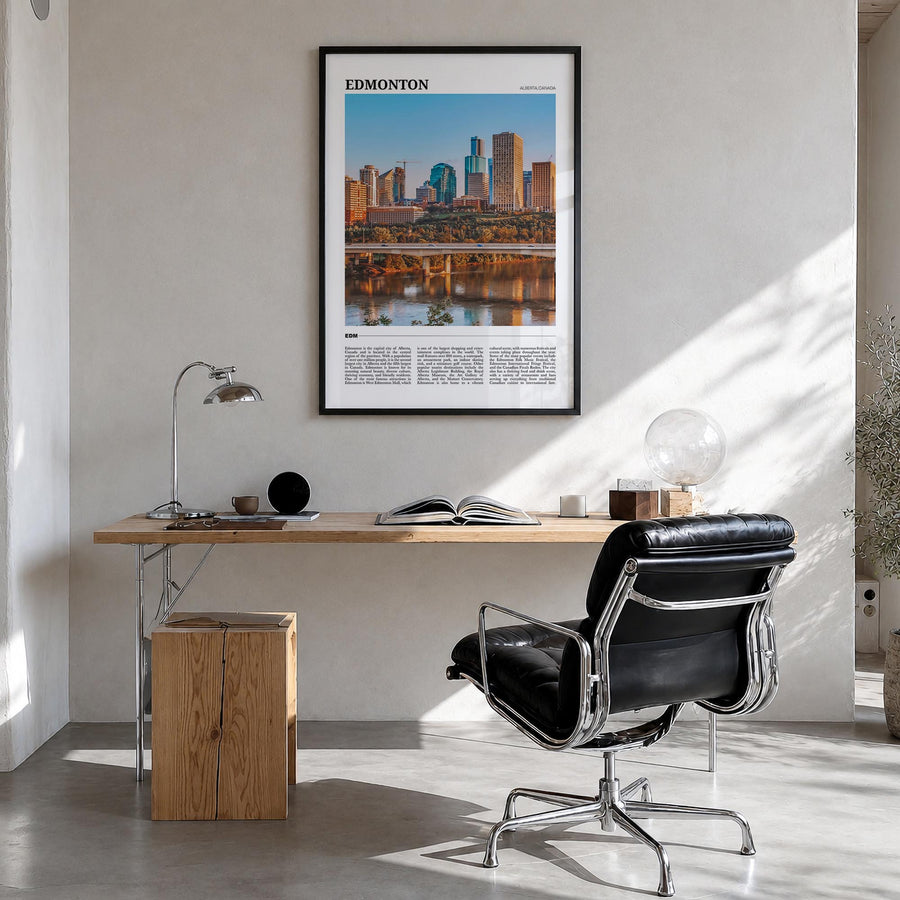 Edmonton no. 2 colorful travel poster of Alberta, Canada – vertical wall art in black wood frame, hanging on wall