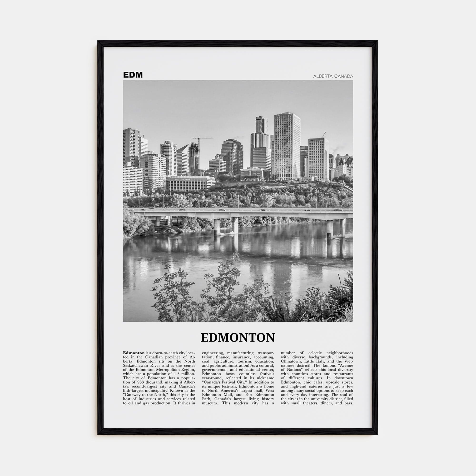 Edmonton No 3 Poster Black Wood / 8x12 in Nbourhood Travel B&W Poster