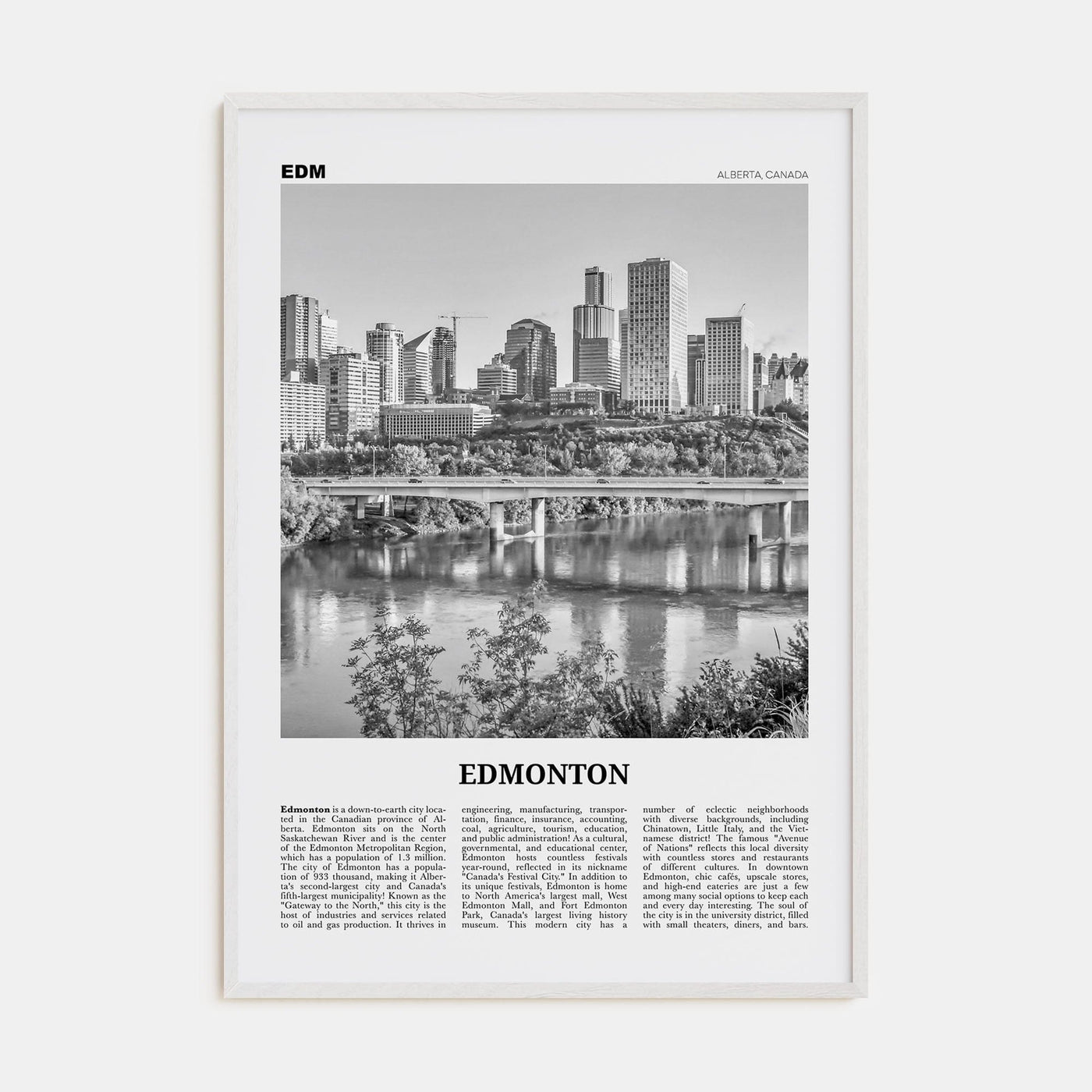 Edmonton No 3 Poster White Wood / 8x12 in Nbourhood Travel B&W Poster