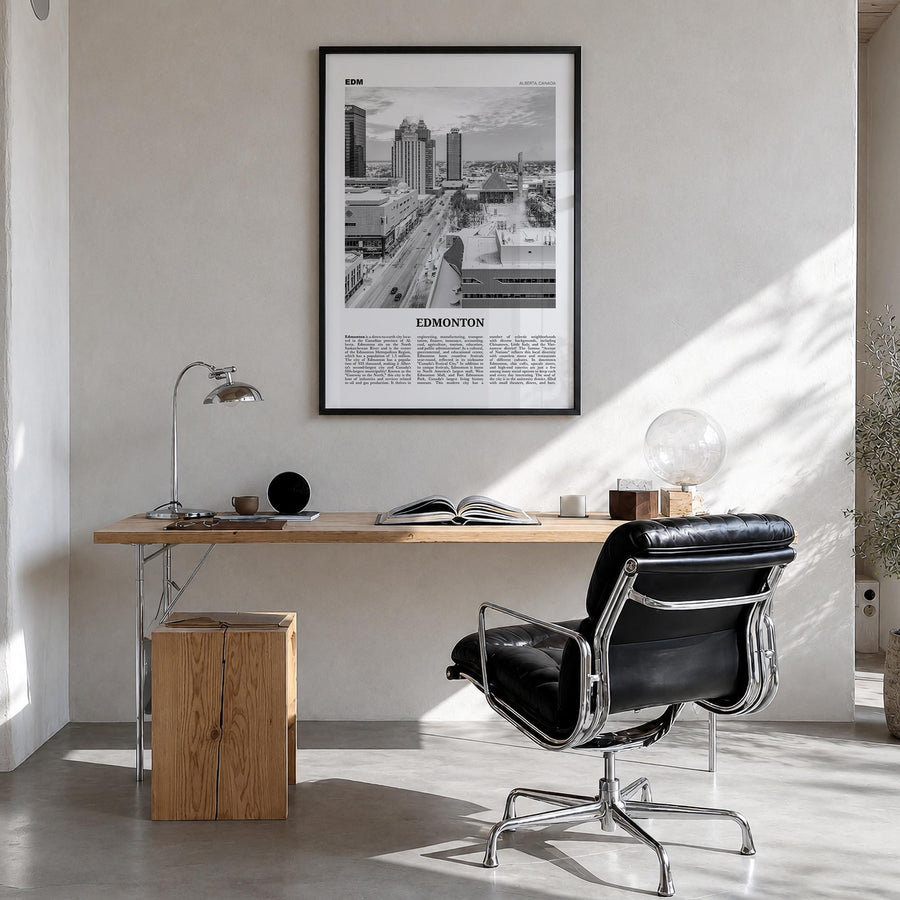 Edmonton no. 4 black & white newspaper poster of Alberta, Canada – vertical wall art in black wood frame, hanging on wall