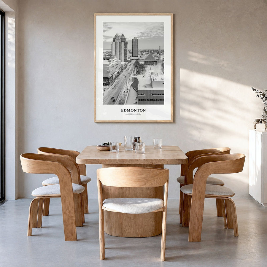 Edmonton Classic No 1 Poster in a natural wood frame, hanging in a dining room
