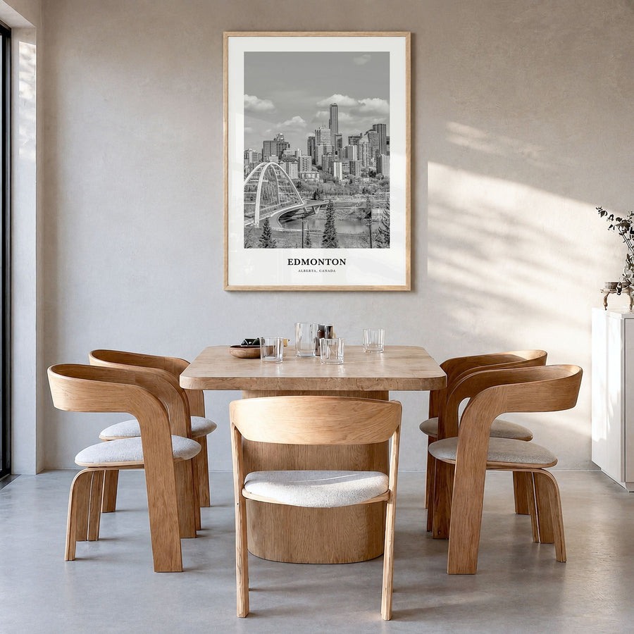 Edmonton Classic No 3 Poster in a natural wood frame, hanging in a dining room