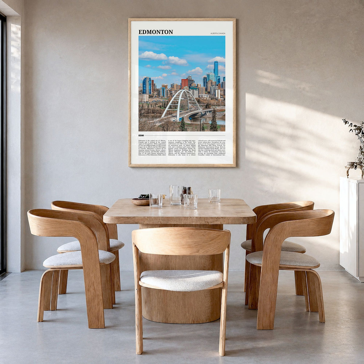 Edmonton Travel No 1 Poster in a natural wood frame, hanging in a dining room