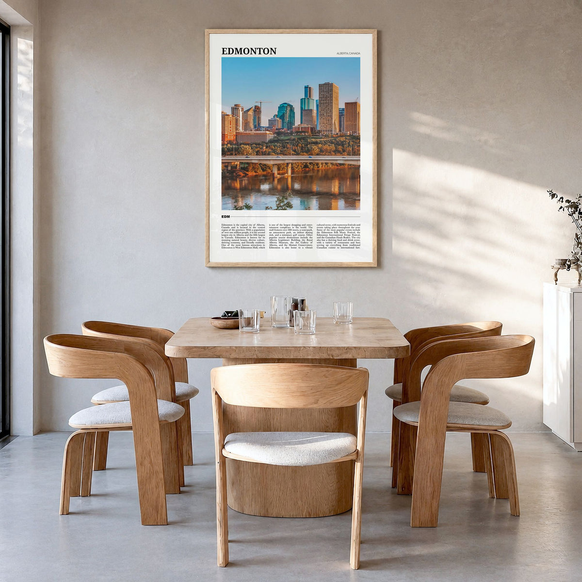 Edmonton Travel No 2 Poster in a natural wood frame, hanging in a dining room