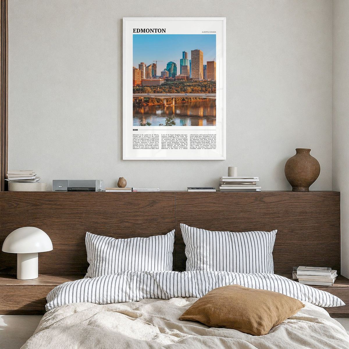 Edmonton Travel No 2 Poster in a white wood frame, hanging in a bedroom
