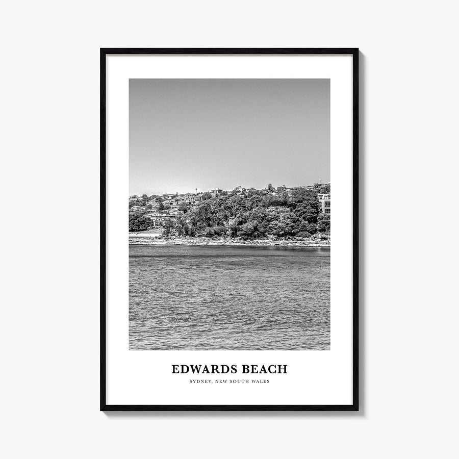 Edwards Beach black & white classic poster of Australia – vertical wall art, unframed print shown in interior mockup
