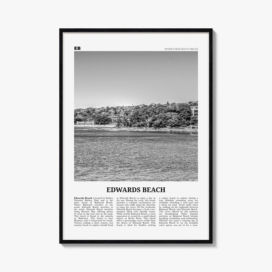 Edwards Beach black & white newspaper poster of Australia – vertical wall art, unframed print shown in interior mockup