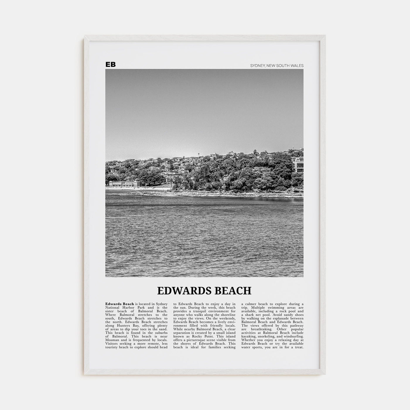 Edwards Beach Poster White Wood / 8x12 in Nbourhood Travel B&W Poster