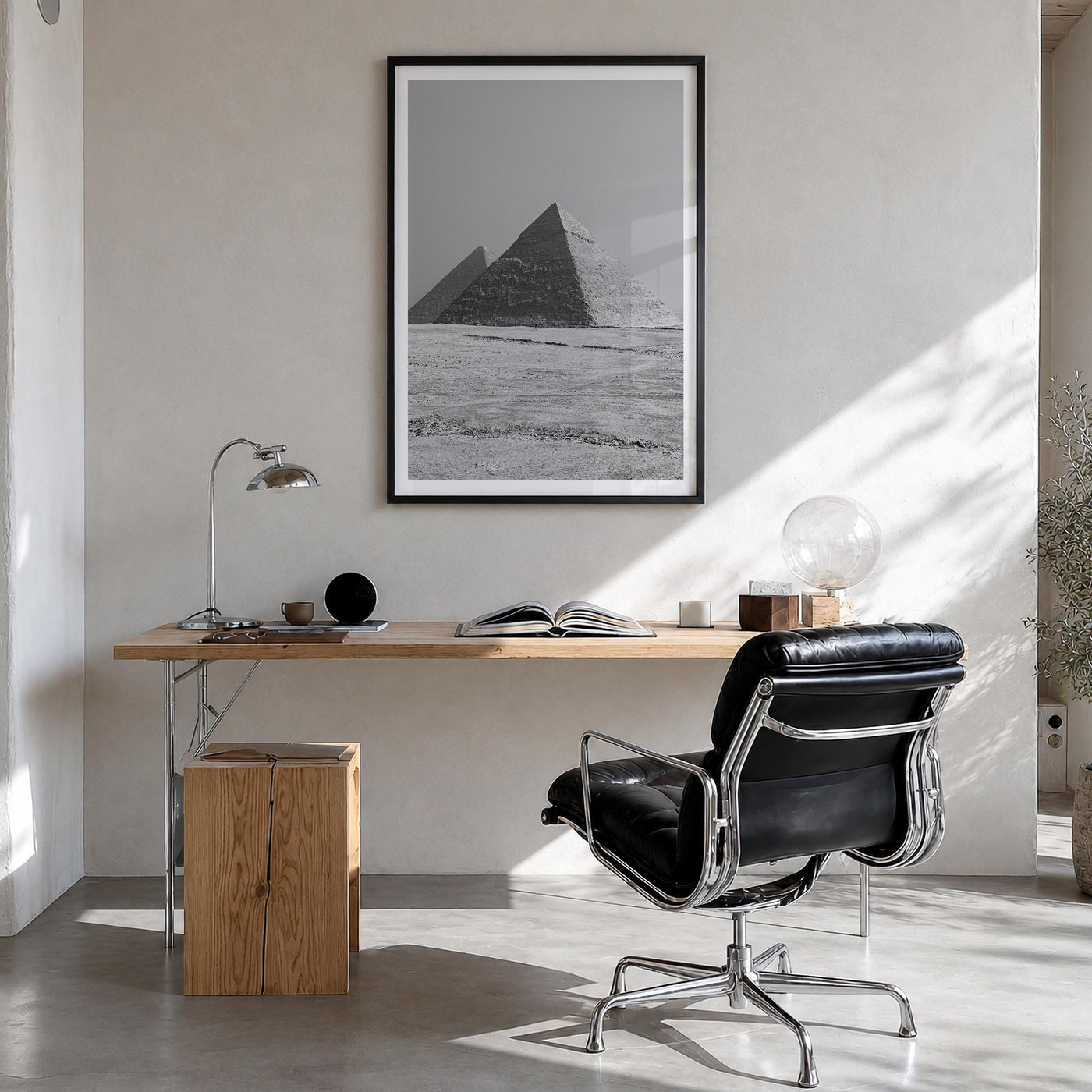 Egypt black & white photo poster of Africa – vertical wall art in black wood frame with white border, hanging on wall