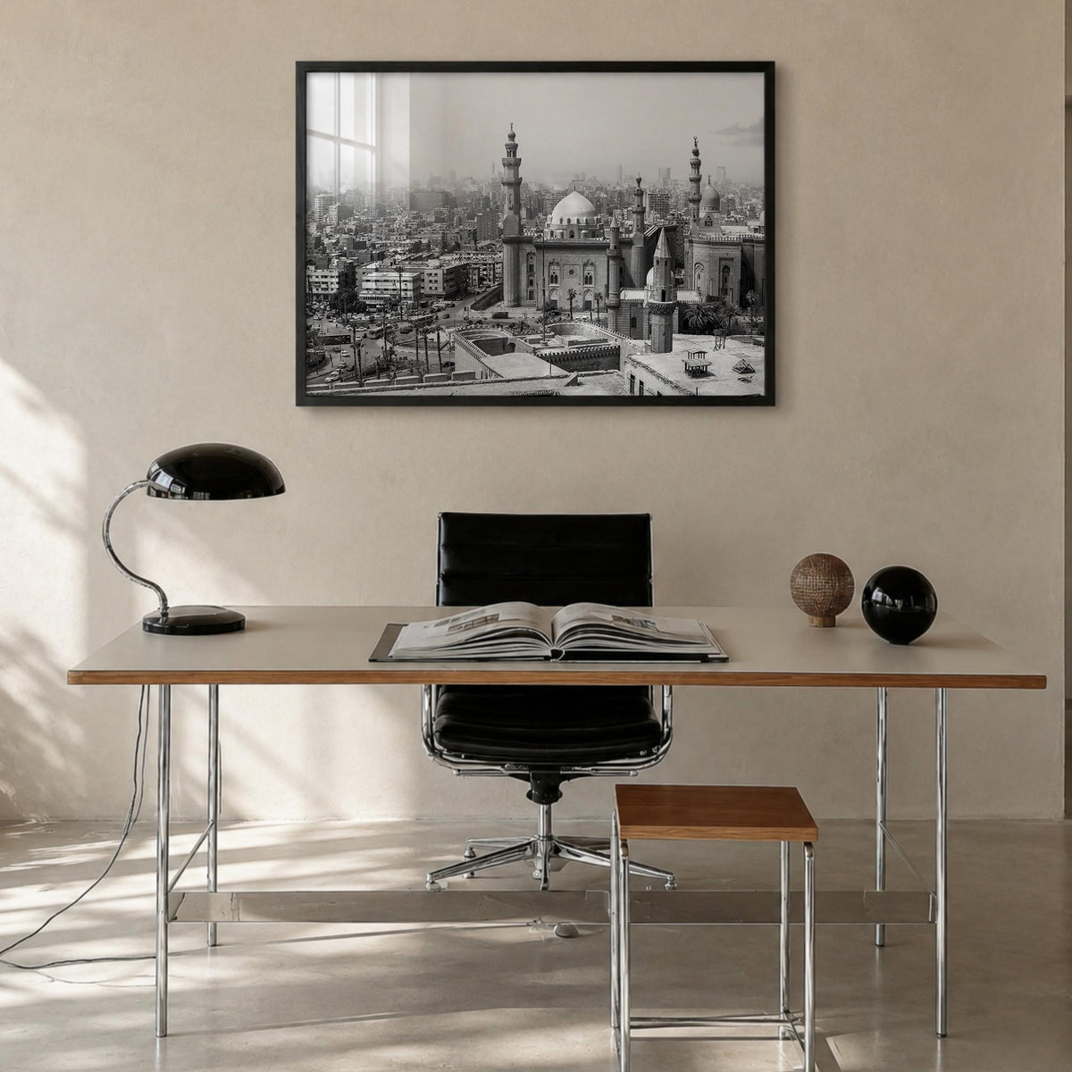 Egypt black & white photo poster of Africa – horizontal wall art in black wood frame, hanging on wall