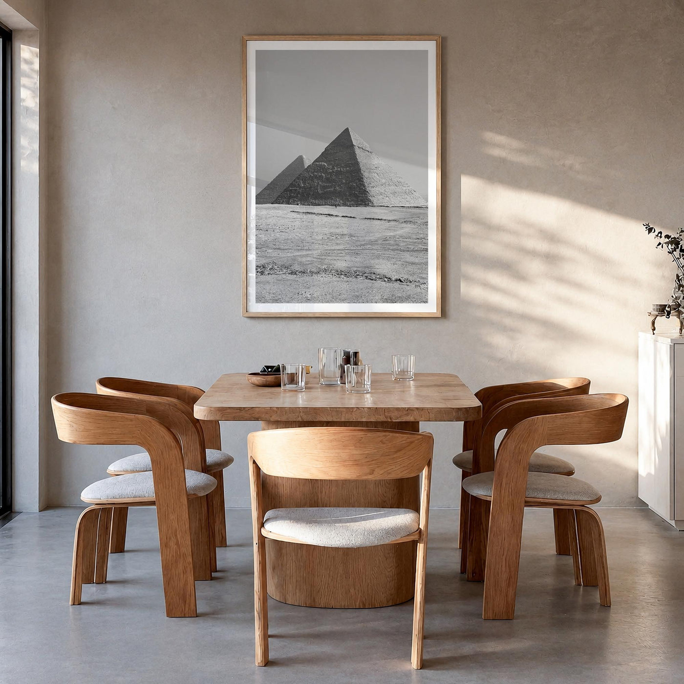 Egypt black & white photo poster of Africa – vertical wall art in natural wood frame with white border, hanging on wall