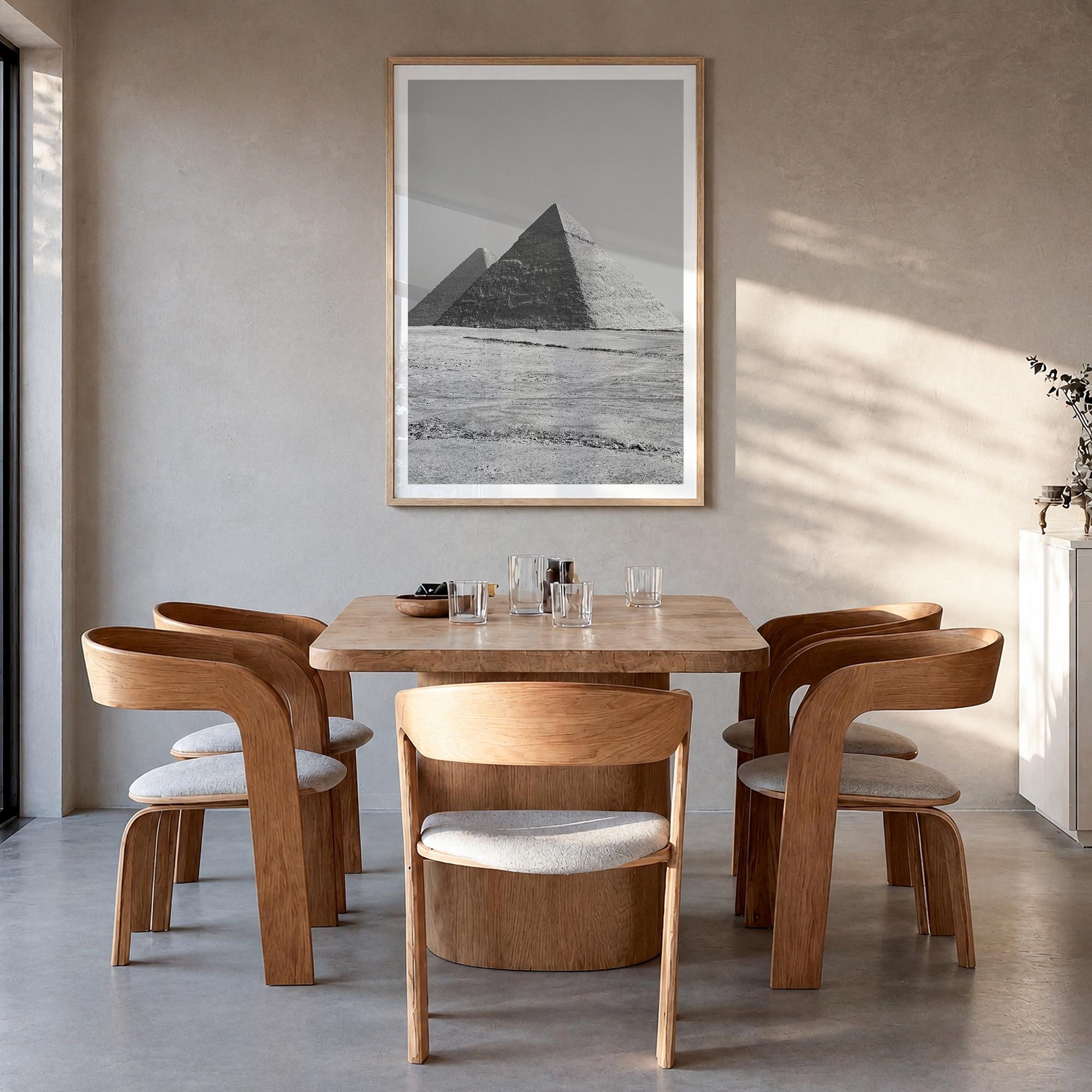 Egypt black & white photo poster of Africa – vertical wall art in natural wood frame with white border, hanging on wall