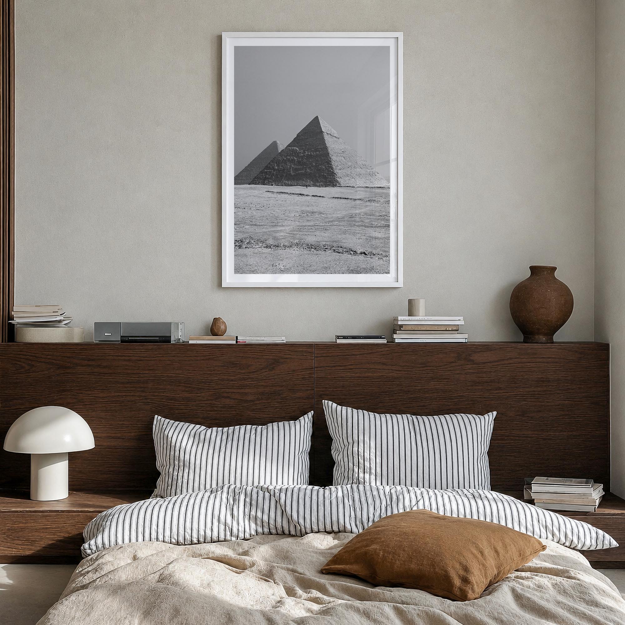 Egypt black & white photo poster of Africa – vertical wall art in white wood frame with white border, hanging on wall