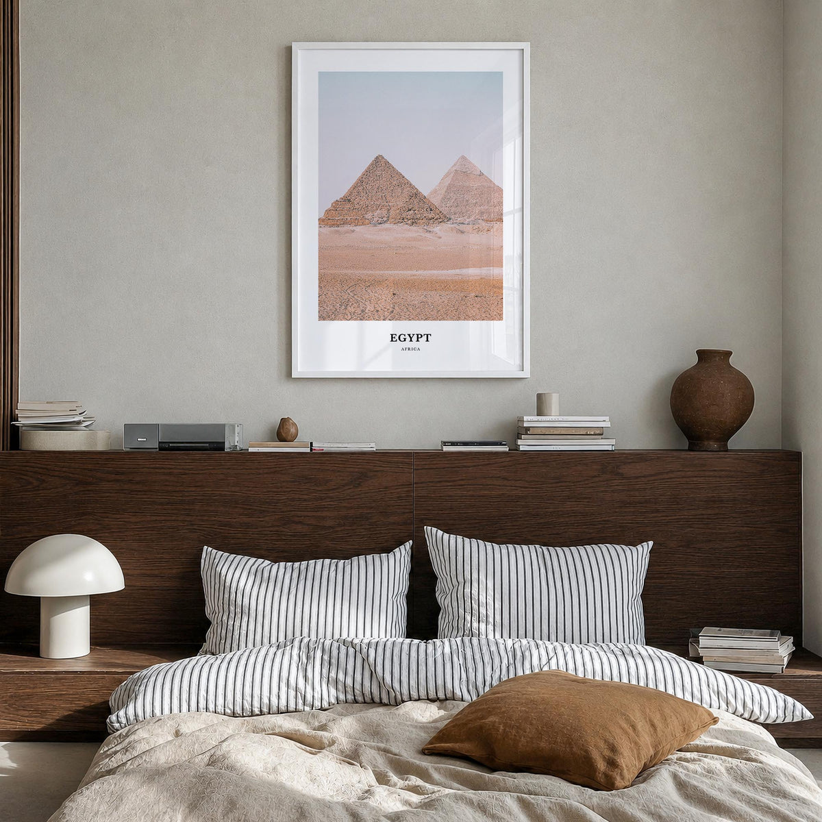 Egypt colorful classic poster of Africa – vertical wall art in white wood frame, hanging on wall