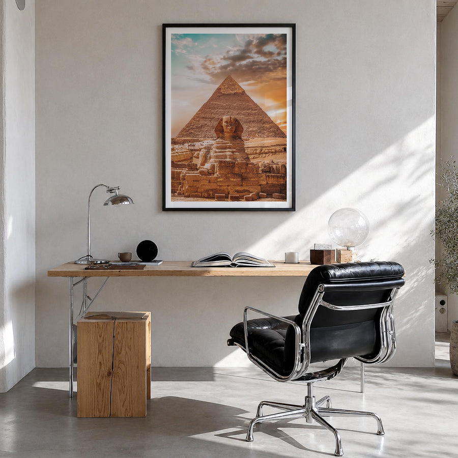 Egypt colorful photo poster of Africa – vertical wall art in black wood frame with white border, hanging on wall