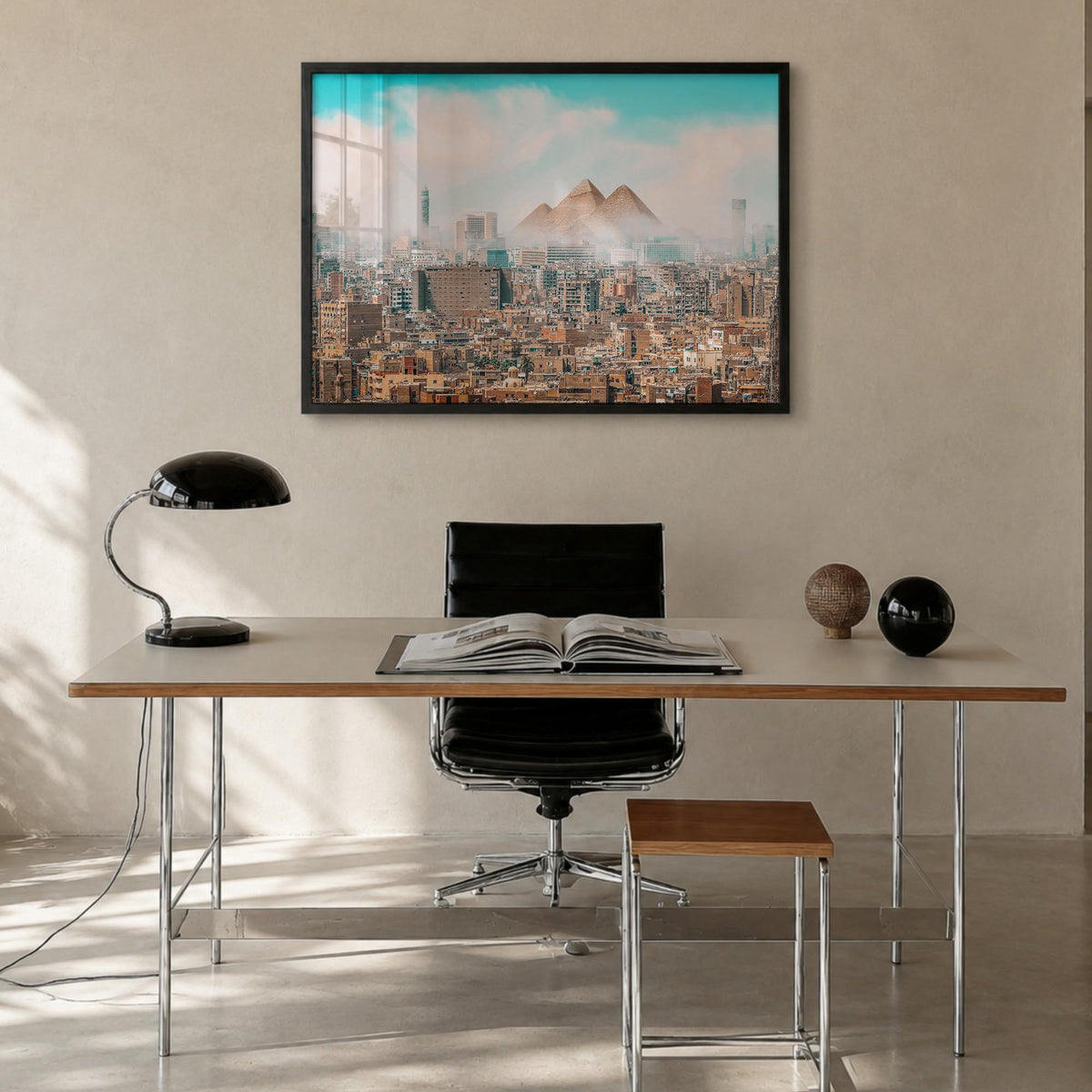 Egypt colorful photo poster of Africa – horizontal wall art in black wood frame, hanging on wall