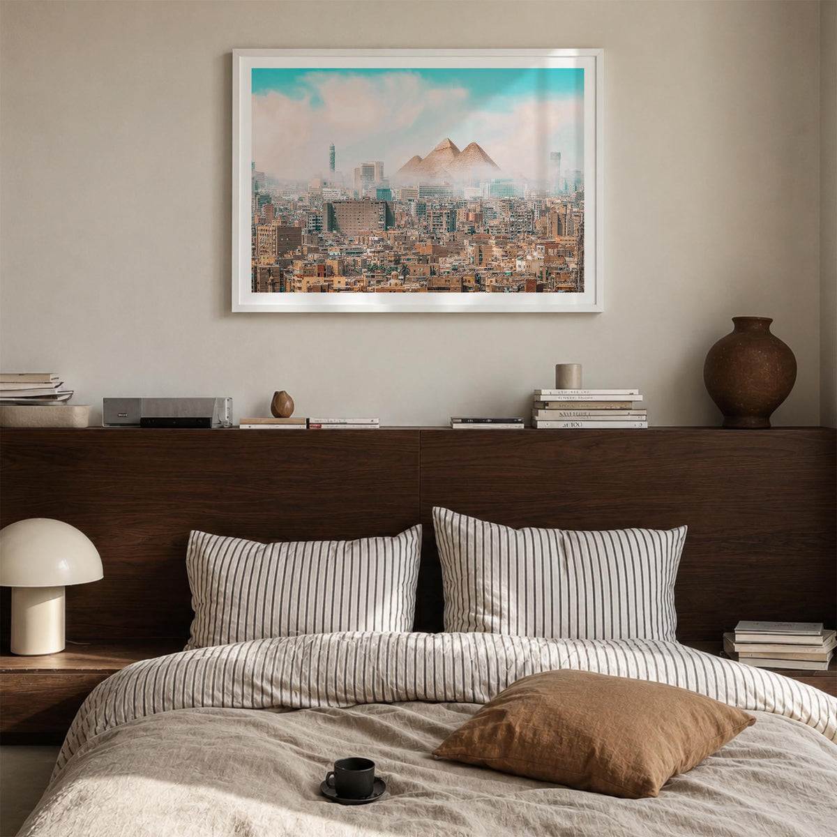 Egypt colorful photo poster of Africa – horizontal wall art in white wood frame with white border, hanging on wall