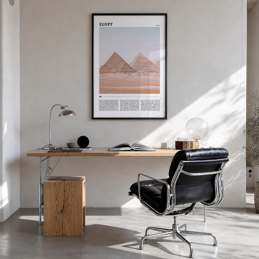 Egypt colorful travel poster of Africa – vertical wall art in black wood frame, hanging on wall