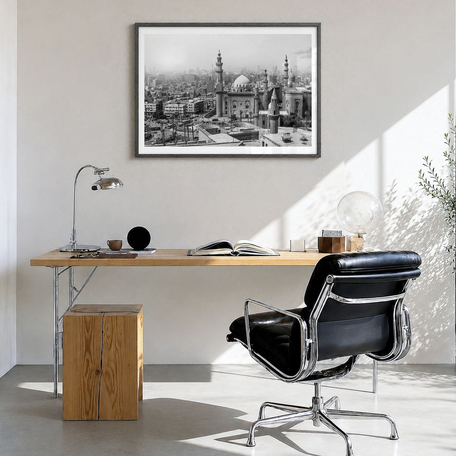 Egypt Photo Poster in a black wood frame, hanging in a bright home office, white border