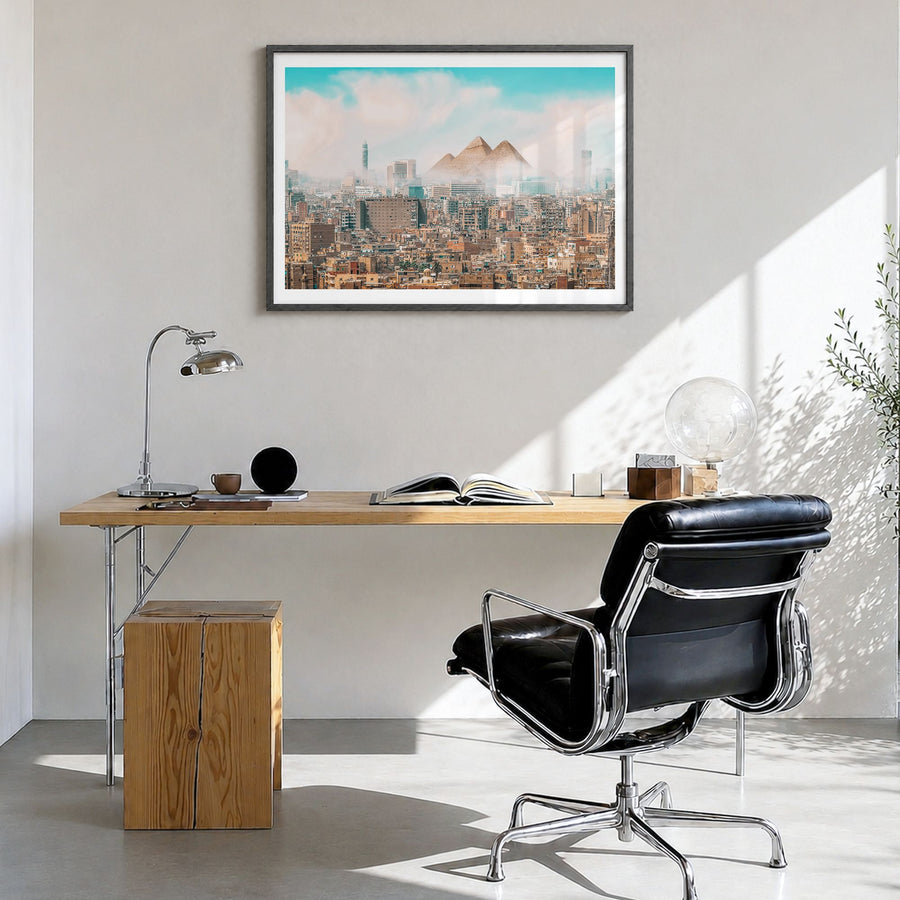 Egypt Photo Poster in a black wood frame, hanging in a bright home office, white border