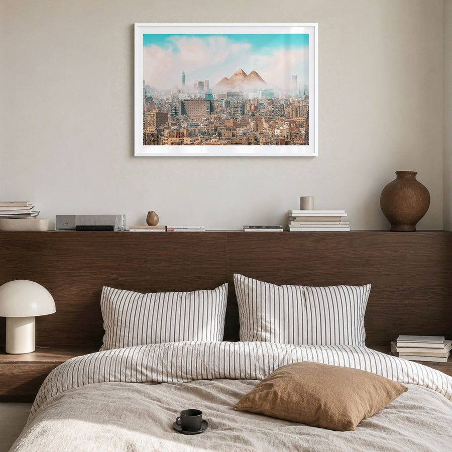 Egypt Photo Poster in a white wood frame, hanging in a bedroom, white border