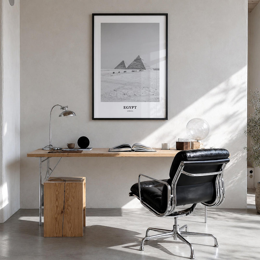 Egypt no. 3 black & white classic poster of Africa – vertical wall art in black wood frame, hanging on wall