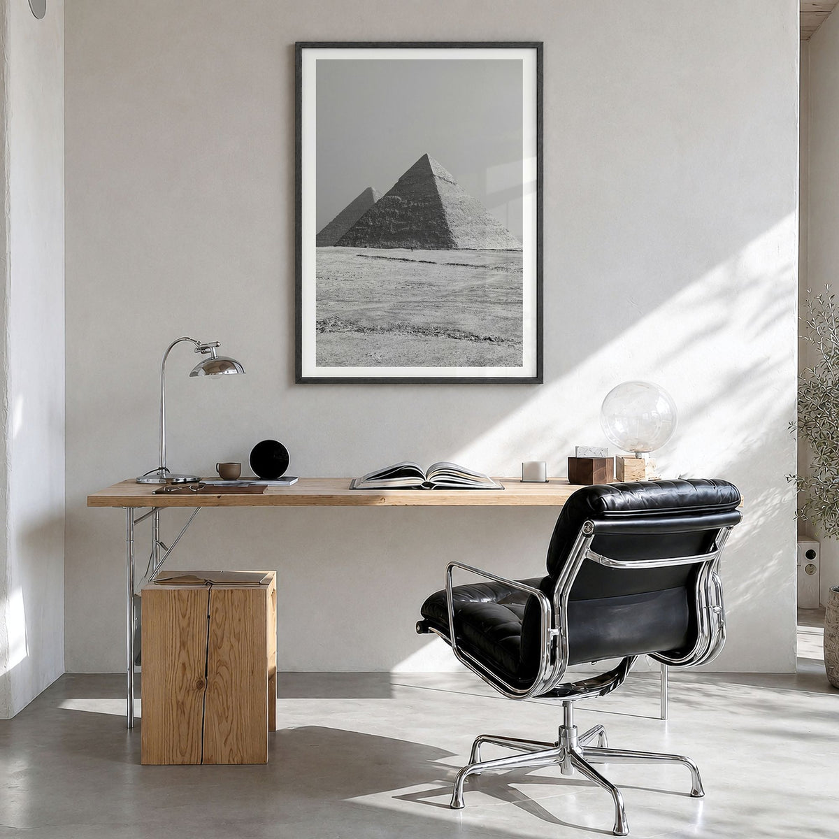 Egypt Photo Poster in a black wood frame, hanging in a bright home office, white border