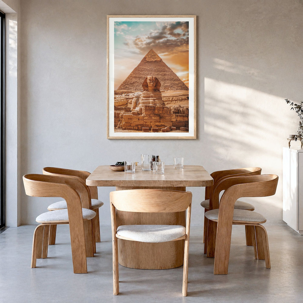 Egypt Photo Poster in a natural wood frame, hanging in a dining room, white border