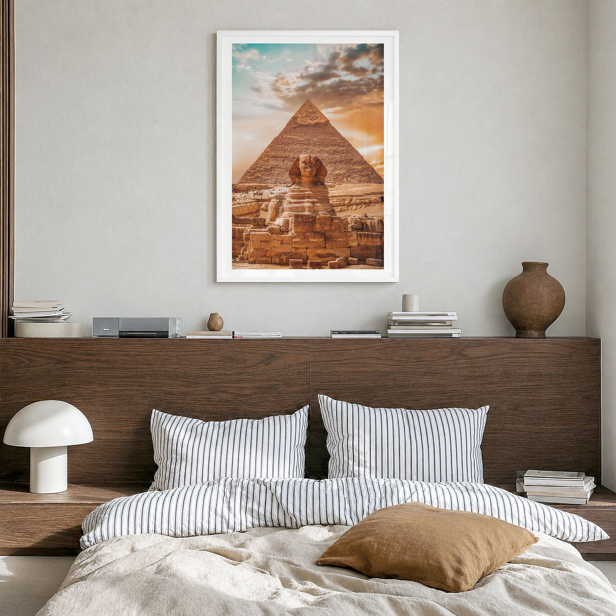 Egypt Photo Poster in a white wood frame, hanging in a bedroom, white border