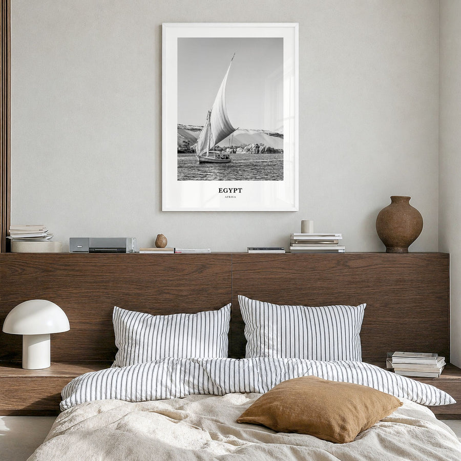 Egypt Classic No 2 Poster in a white wood frame, hanging in a bedroom