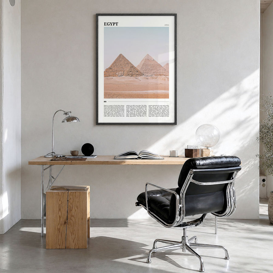 Egypt Travel Poster in a black wood frame, hanging in a bright home office