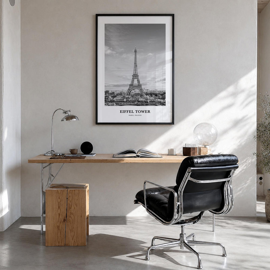 Eiffel Tower black & white classic poster of France – vertical wall art in black wood frame, hanging on wall