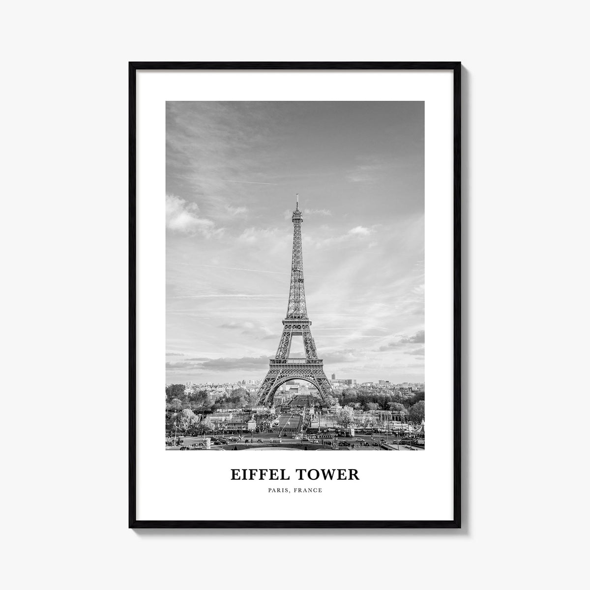 Eiffel Tower black & white classic poster of France – vertical wall art, unframed print shown in interior mockup