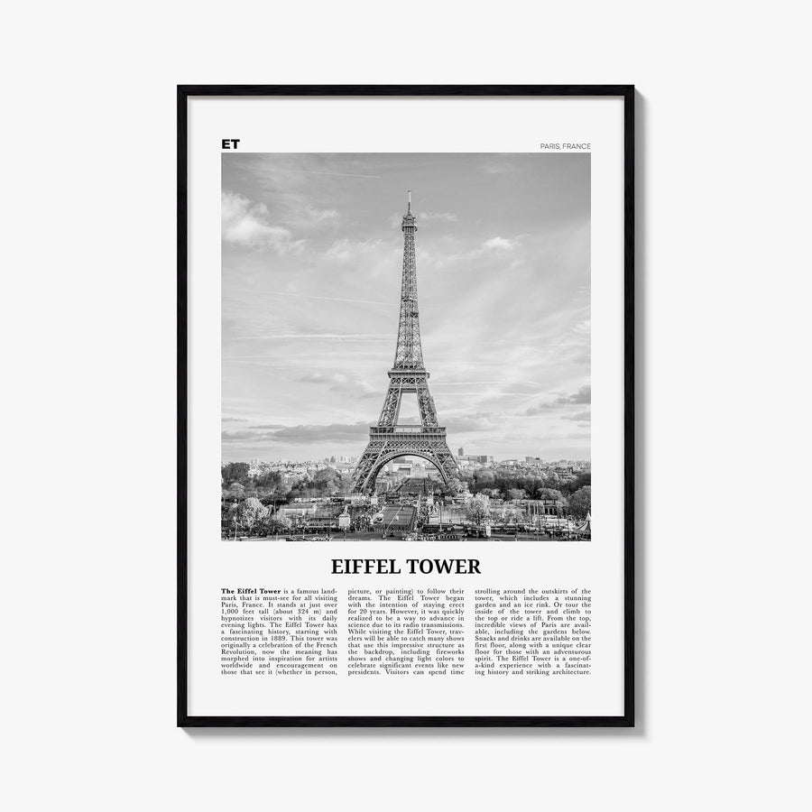 Eiffel Tower black & white newspaper poster of France – vertical wall art, unframed print shown in interior mockup