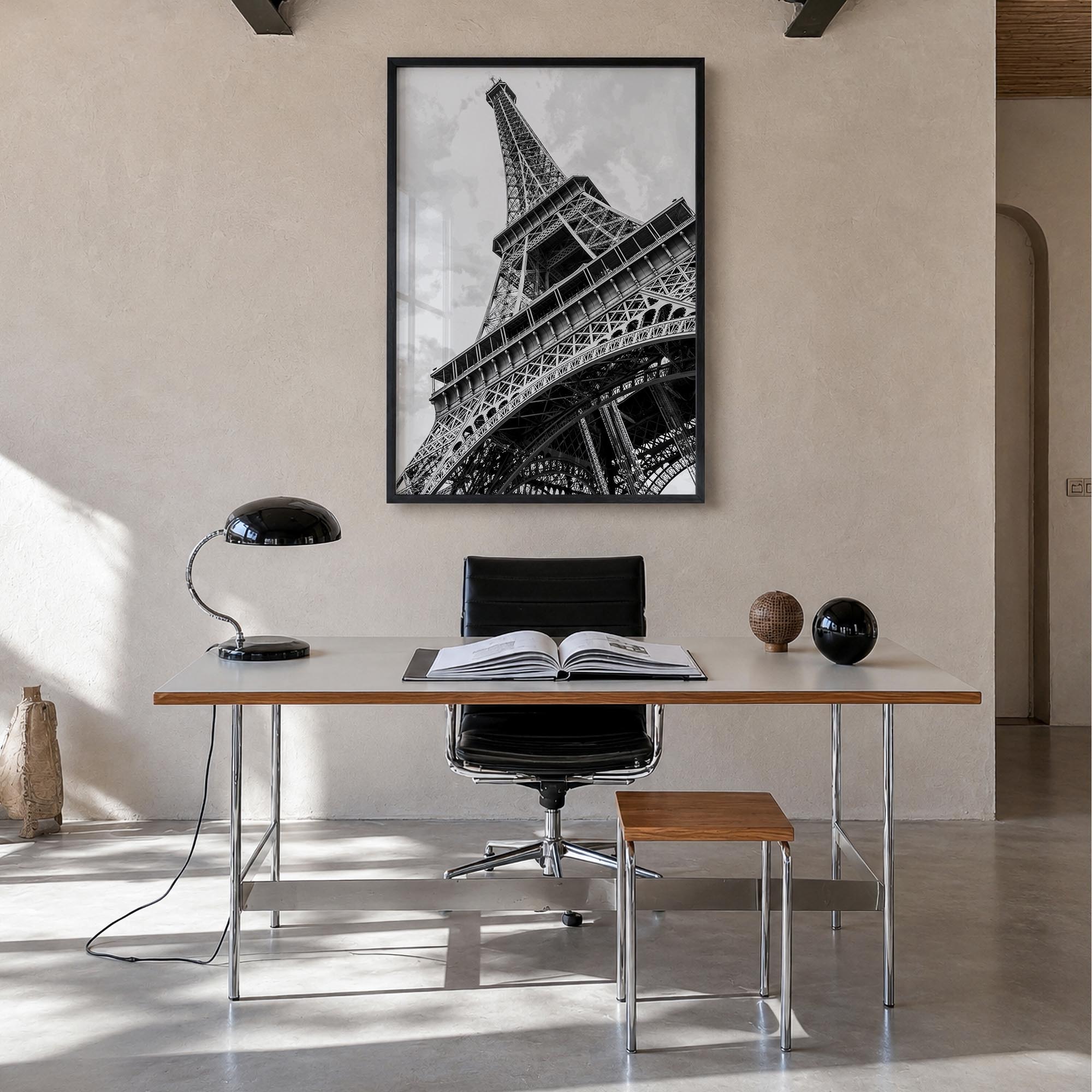 Eiffel Tower black & white photo poster of France – vertical wall art in black wood frame, hanging on wall