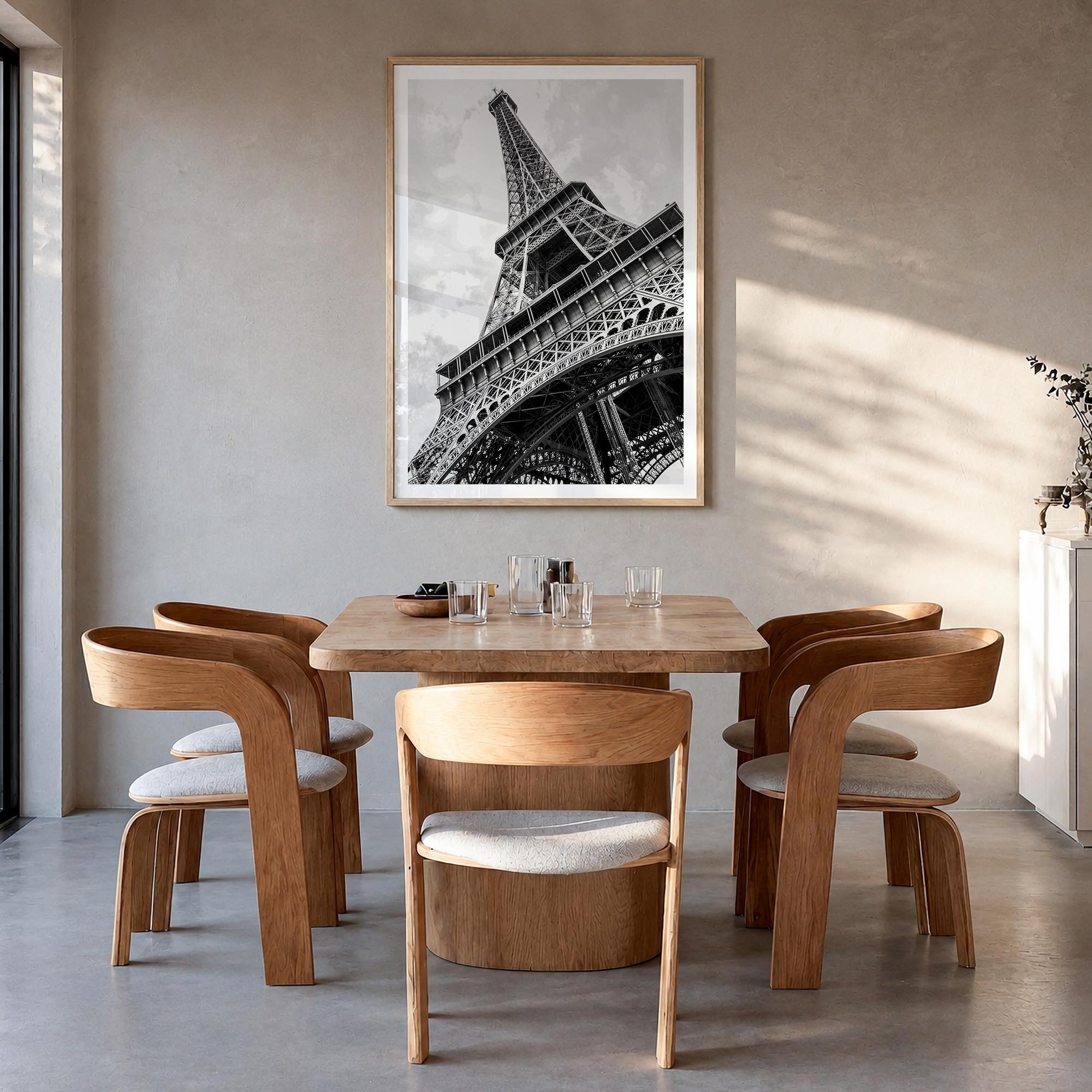 Eiffel Tower black & white photo poster of France – vertical wall art in natural wood frame with white border, hanging on wal