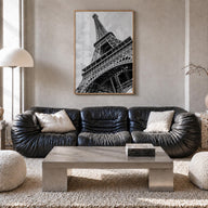 Eiffel Tower black & white photo poster of France – vertical wall art in natural wood frame, hanging on wall