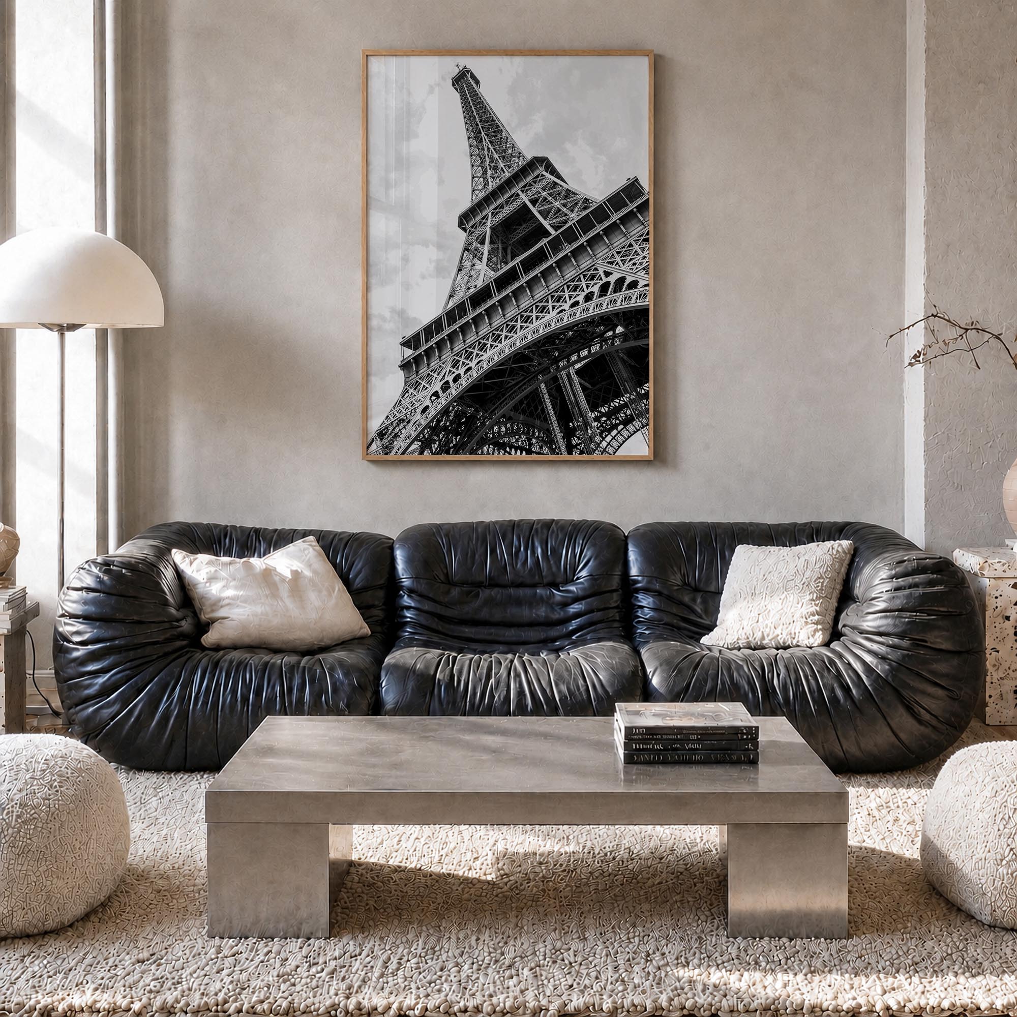 Eiffel Tower black & white photo poster of France – vertical wall art in natural wood frame, hanging on wall
