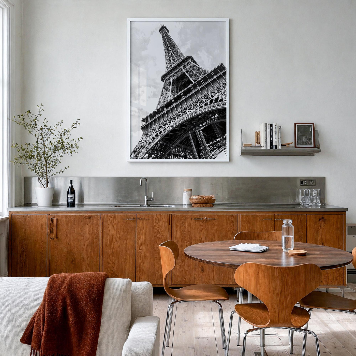Eiffel Tower black & white photo poster of France – vertical wall art in white wood frame, hanging on wall