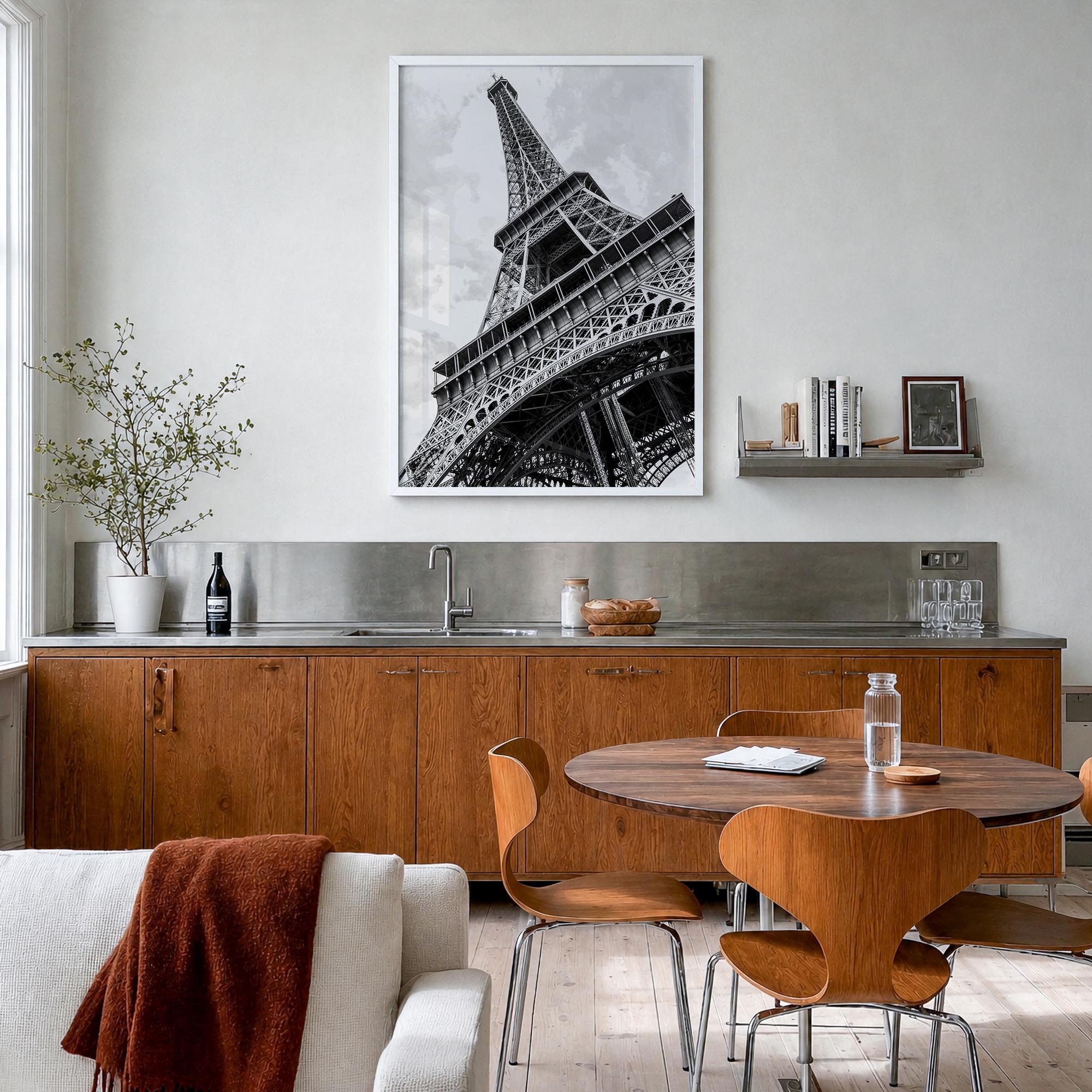 Eiffel Tower black & white photo poster of France – vertical wall art in white wood frame, hanging on wall