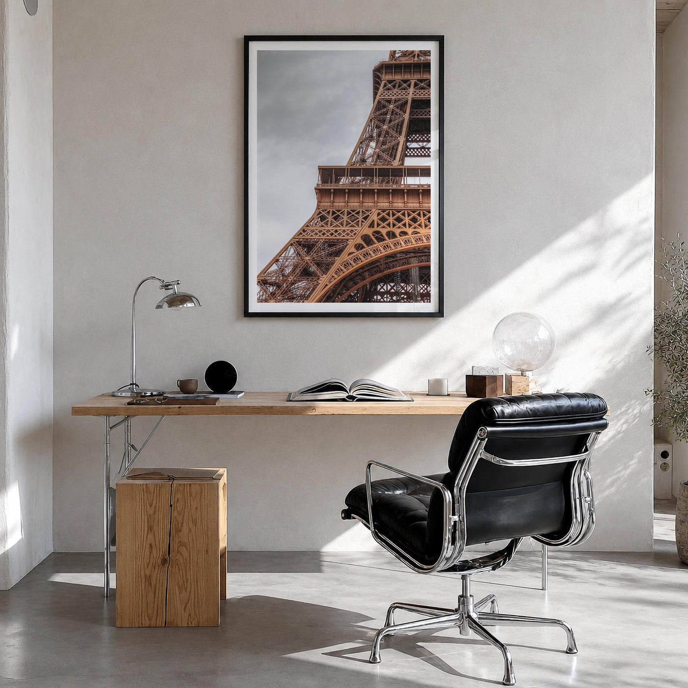 Eiffel Tower no. 1 colorful photo poster of France – vertical wall art in black wood frame with white border, hanging on wall