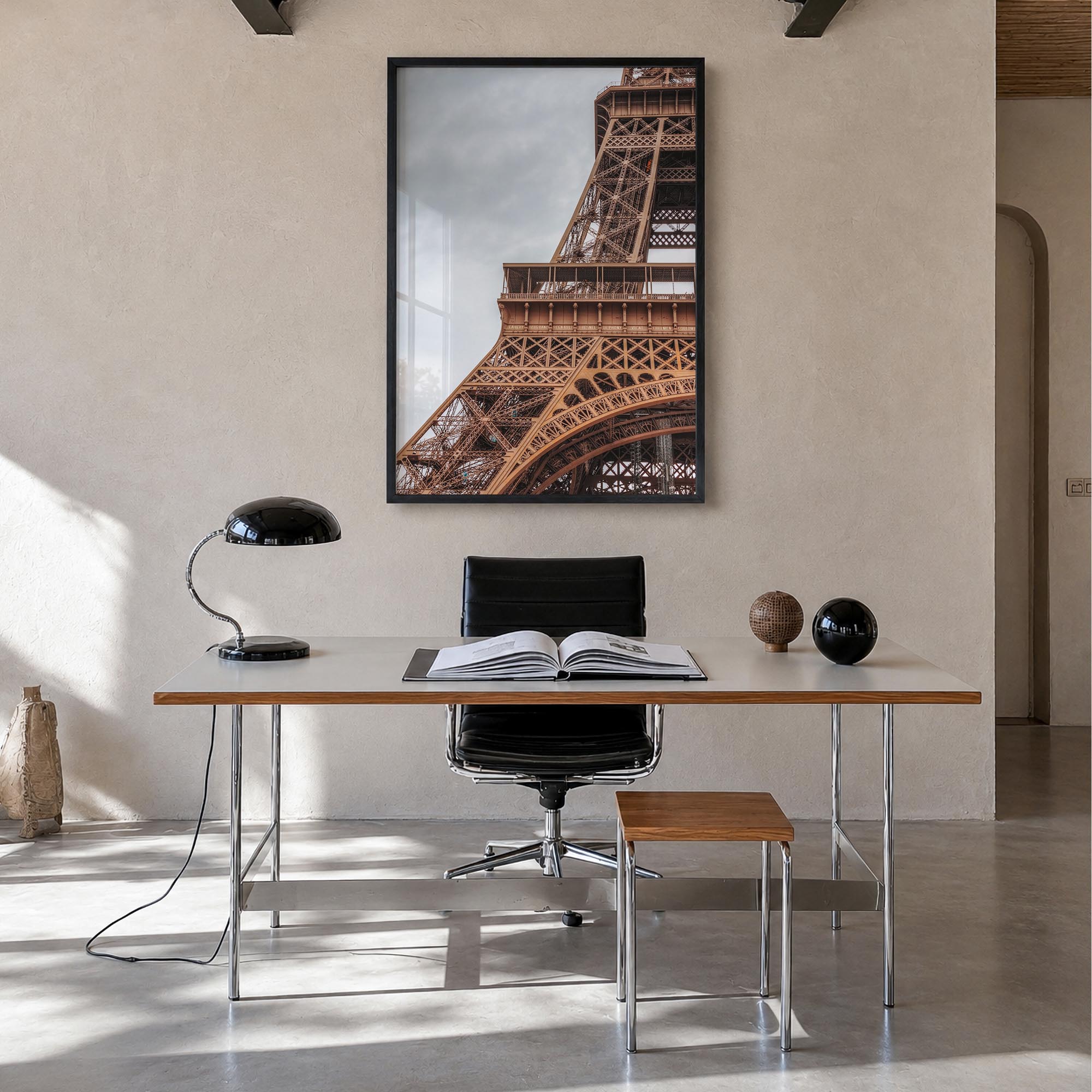Eiffel Tower no. 1 colorful photo poster of France – vertical wall art in black wood frame, hanging on wall