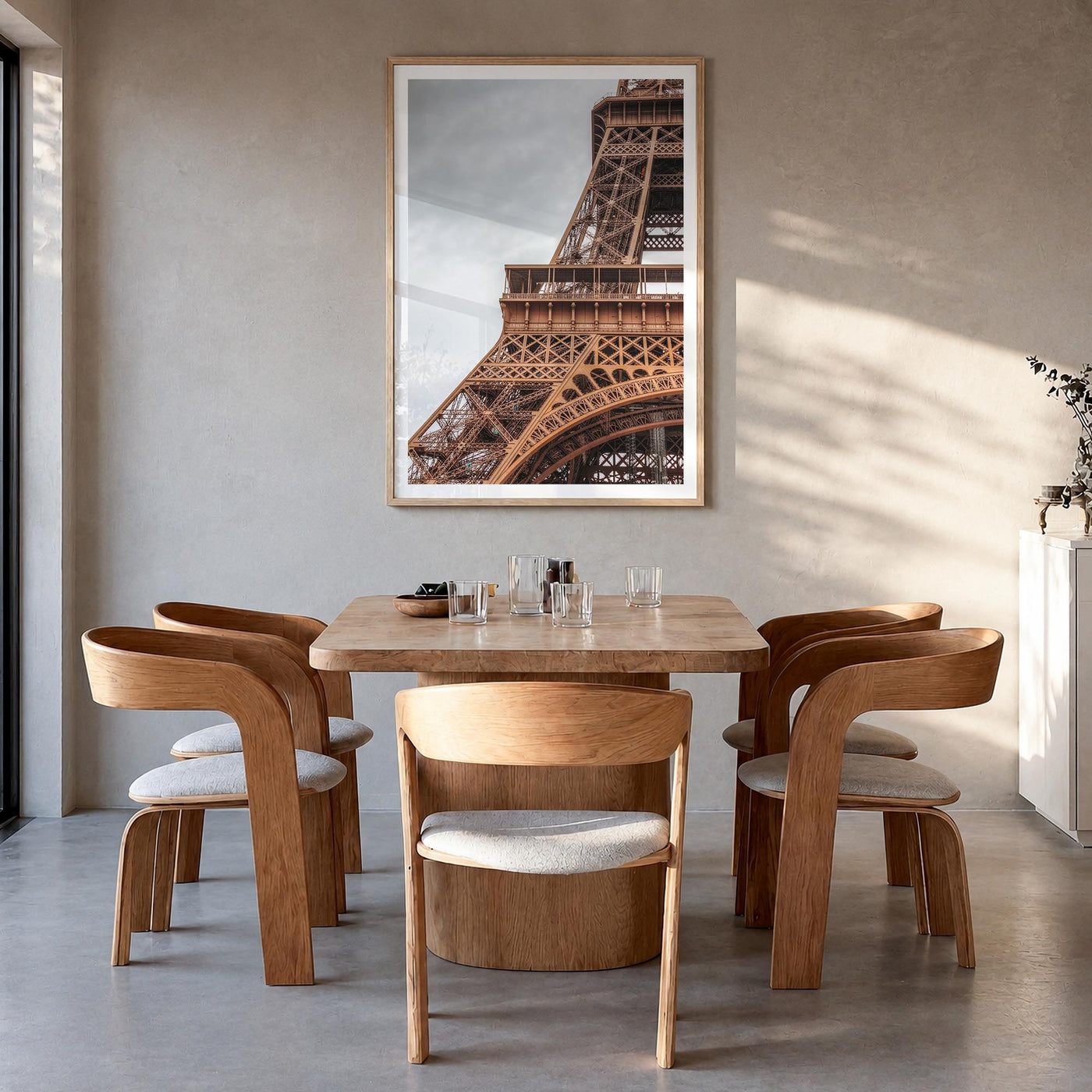 Eiffel Tower no. 1 colorful photo poster of France – vertical wall art in natural wood frame with white border, hanging on wa