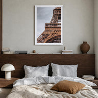 Eiffel Tower no. 1 colorful photo poster of France – vertical wall art in white wood frame with white border, hanging on wall