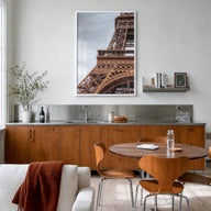 Eiffel Tower no. 1 colorful photo poster of France – vertical wall art in white wood frame, hanging on wall