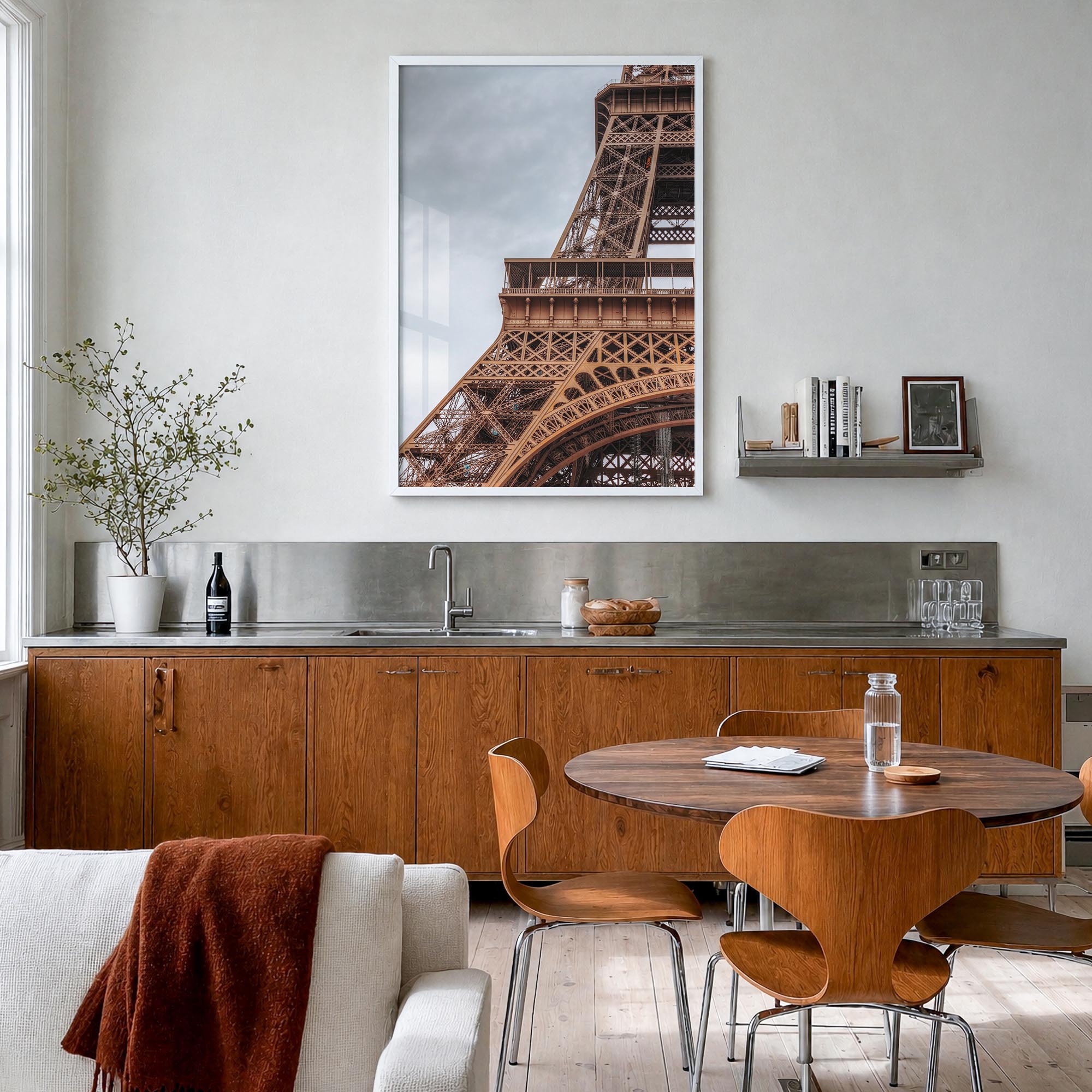 Eiffel Tower no. 1 colorful photo poster of France – vertical wall art in white wood frame, hanging on wall