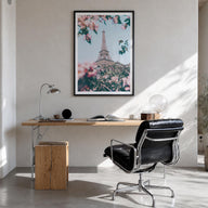 Eiffel Tower no. 3 colorful photo poster of France – vertical wall art in black wood frame with white border, hanging on wall